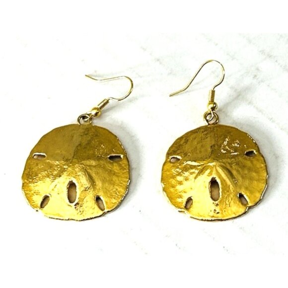 Unbranded Jewelry - Sand Dollar Earrings Gold Tone Fishhook Drop Dangle Beautiful Satiny Look VTG